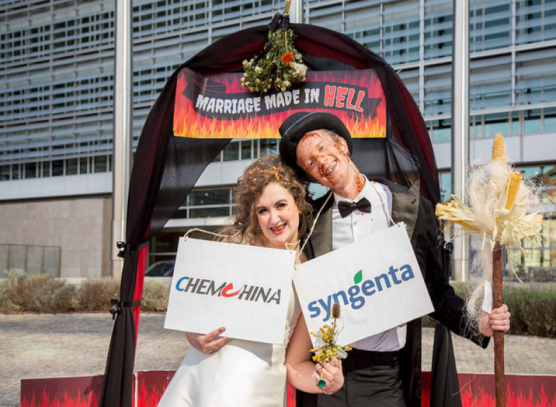 ChemChina-Syngenta: marriage made in hell (Foto: Friends of the Earth Europe/Lode Saidane, http://bit.ly/2nJZ0AR, http://bit.ly/1hYHpKw)